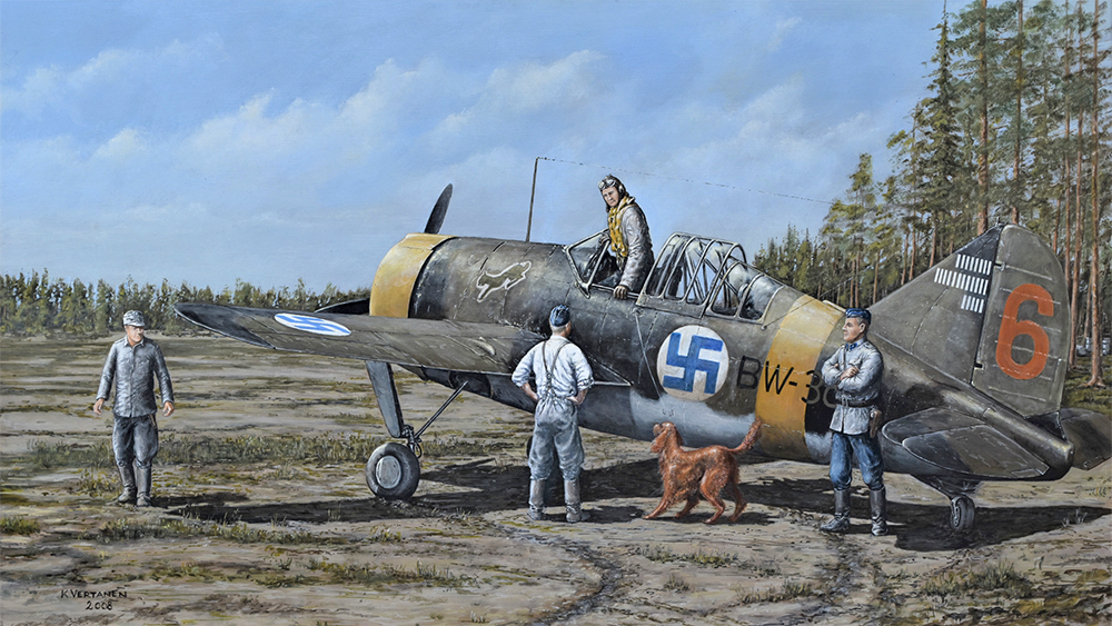 Irish setter Peggy Brown, mascot of fighter squadron 24, greets Joppe Karhunen who's returning from a flight at Römpötti airfield 1942. Artwork by Kari Vertanen.